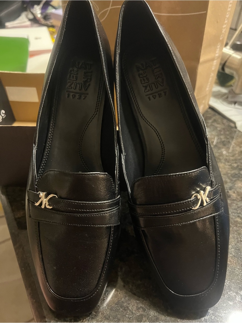 Naturalizer Black Leather Slip-On Loafers with Gold Accent